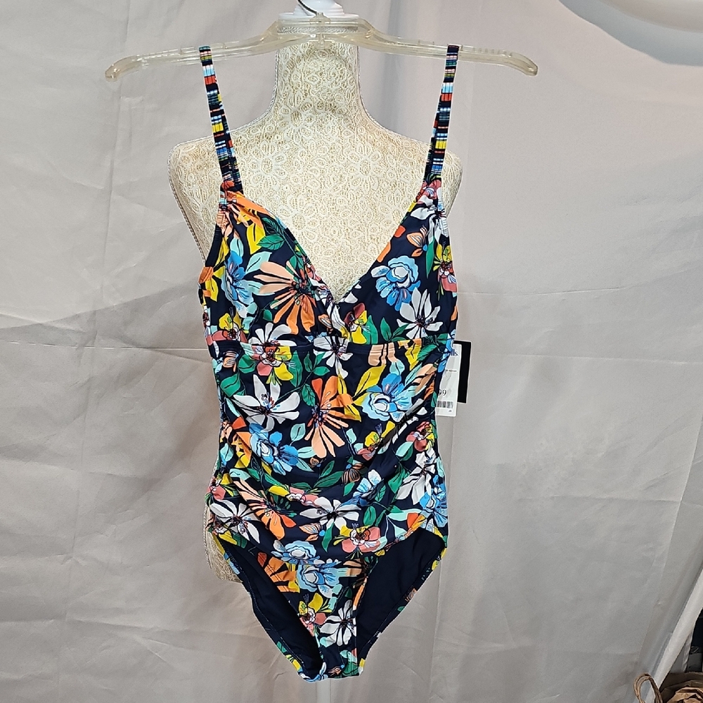 Ellen Tracy Navy Multi Floral One-Piece Swimsuit